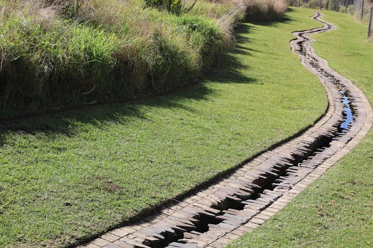 Drainage channel running through green Collin County yard in Princeton TX